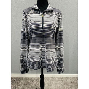ASICS Black and White Striped Quarter-Zip Long Sleeve Top - Size L